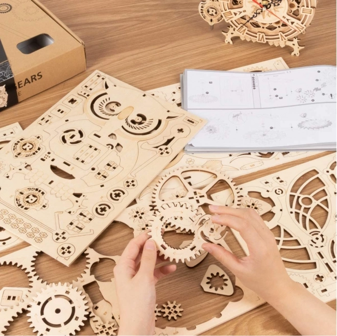 3D dřevěný mechanický puzzle Soví hodiny
