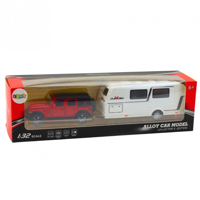 Auto terénní s karavanem červené 1:32