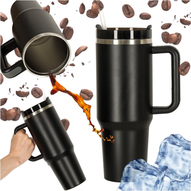 Termohrnek s brčkem a uchem 1200 ml černý