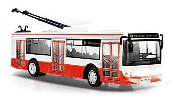 Modrý autobus hlásící zastávky česky 28 cm