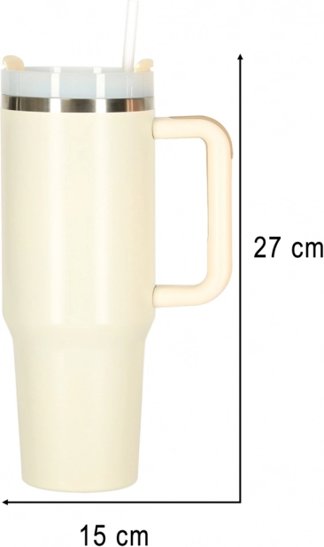 Krémový termohrnek se slámkou a uchem 1200 ml