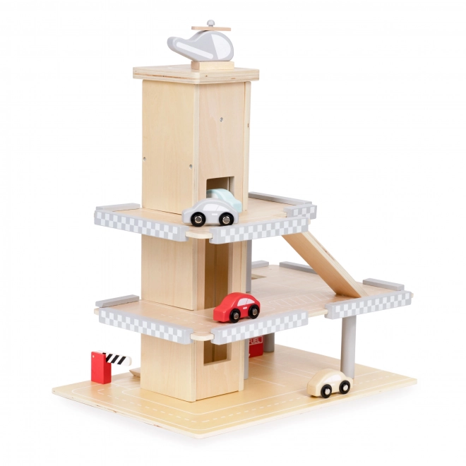 ECOTOYS Velká dřevěná garáž s výtahem a autíčky