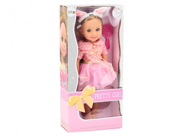 Růžové šaty pro panenky Kartáč na dlouhé vlasy 38 cm