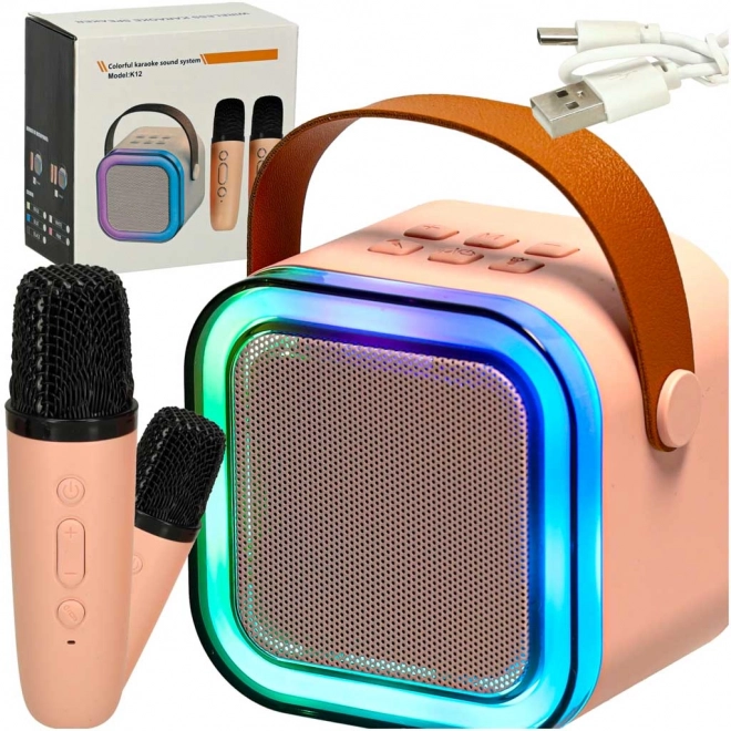 Karaoke set 2 mikrofony + přenosný reproduktor BLUETOOTH USB LED růžová