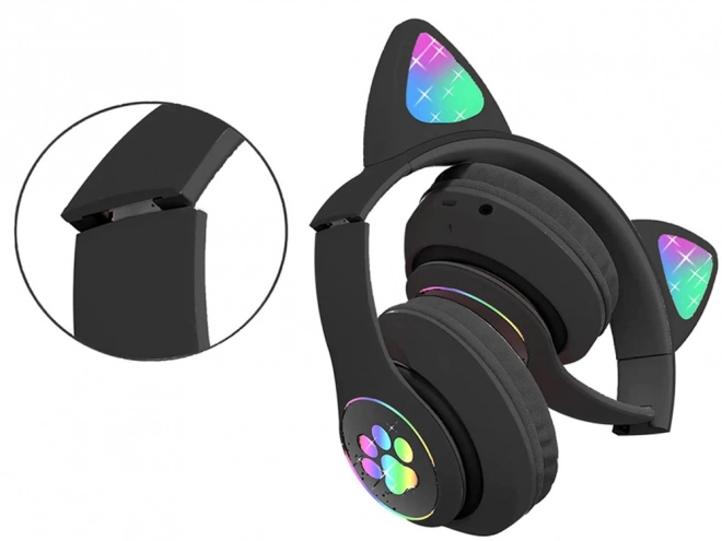 Bezdrátová sluchátka bluetooth rádio fm mp3 kočičí uši led podsvícení – Černé