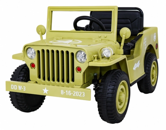 Retro vojenské auto pro děti béžové + pohon 4x4 + dálkové ovládání + 2 nosiče zavazadel + pomalý start + MP3 LED