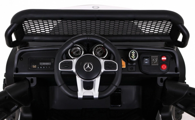 Mercedes Benz Unimog pro děti bílý + pohon 4x4 + dálkové ovládání + nosič zavazadel + pomalý start + MP3 LED