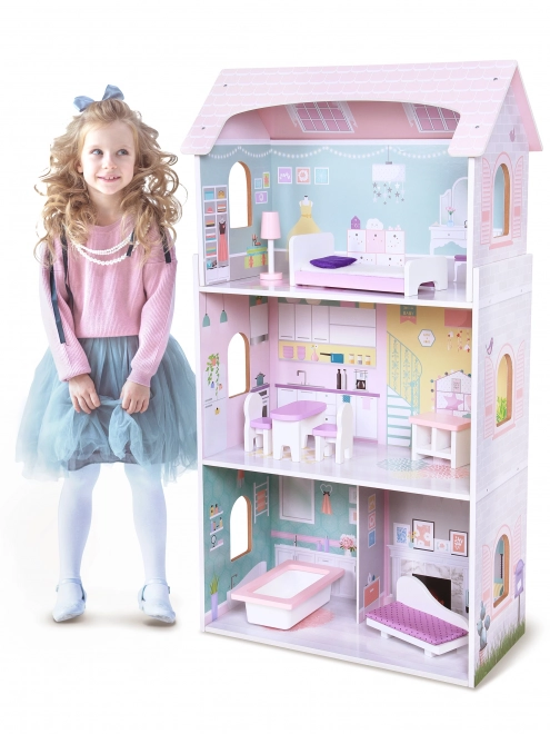 ECOTOYS Třípatrový domeček pro panenky Jahodový