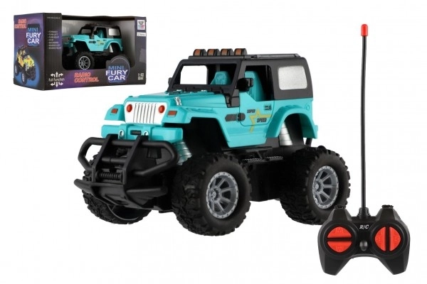 Auto RC terénní 14cm plast 27MHz na baterie se světlem v krabici 20x11x10cm – Tyrkysové