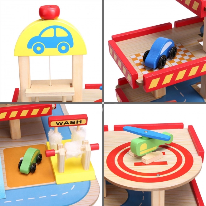 ECOTOYS Dřevěná patrová garáž s výtahem, heliportem a dalším příslušenstvím