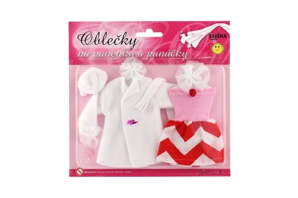 Šaty/Oblečky - šaty, kabátek a čepice na panenky mix druhů na kartě 22x21cm