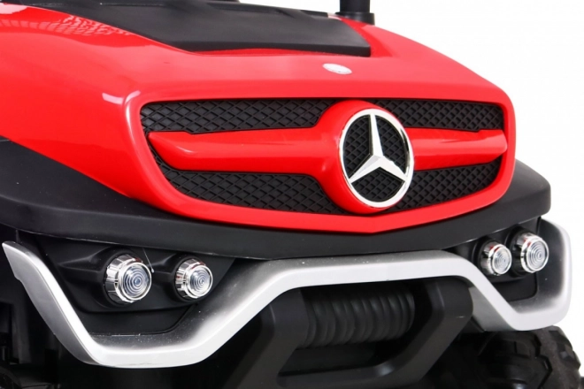 Mercedes Benz Unimog pro děti Červený + 4x4 + dálkové ovládání + nosič zavazadel + pomalý start + MP3 LED