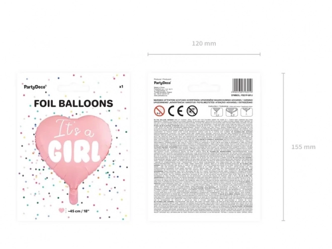 Fóliový balónek It's a Girl růžové srdce 45 cm