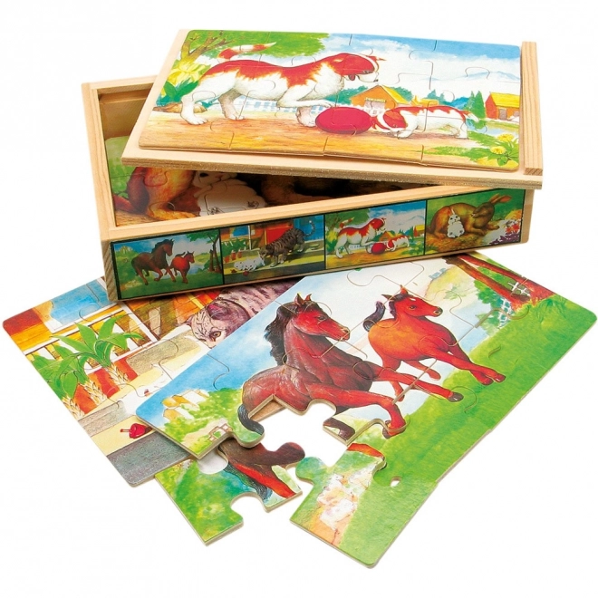 Dřevěné puzzle zvířátka v krabičce
