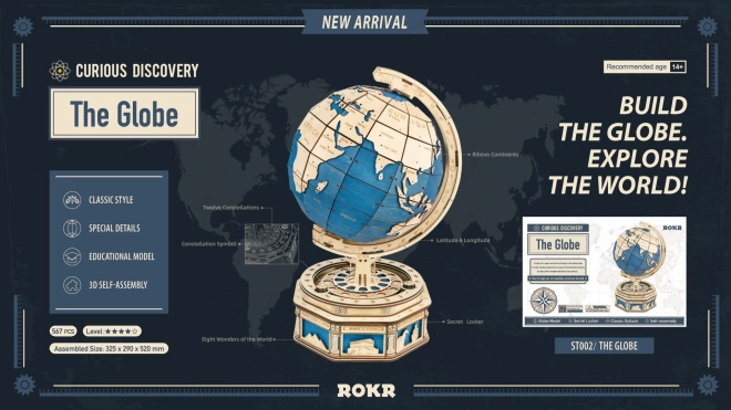 Dřevěné mechanické puzzle globus ROKR s tajnými schránkami