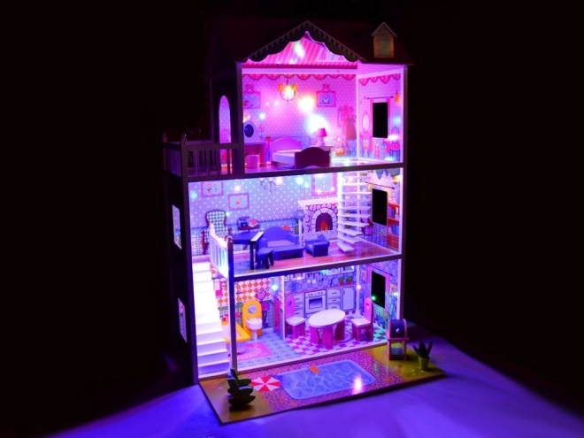 Velký dřevěný domeček pro panenky s nábytkem, bazénem a LED osvětlením