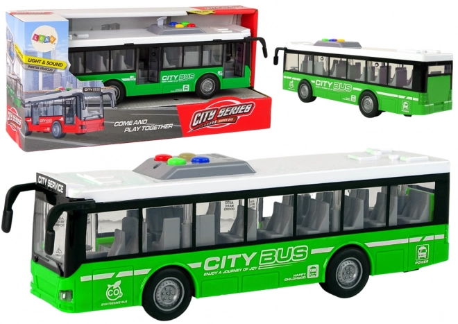 Interaktivní autobus zelený na baterie s frikčním pohonem 1:16 – Zelený