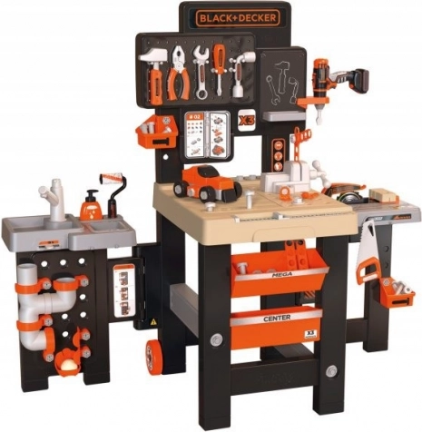 Dětský mega dílenský stůl BLACK+DECKER 3v1 se 100 doplňky