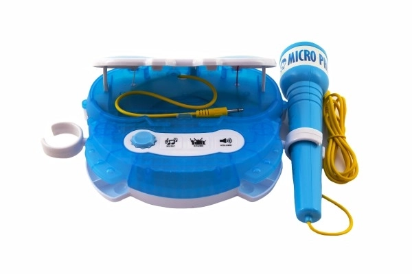 Mikrofon karaoke modrý plast na baterie se světlem v krabici 24x21x5,5cm