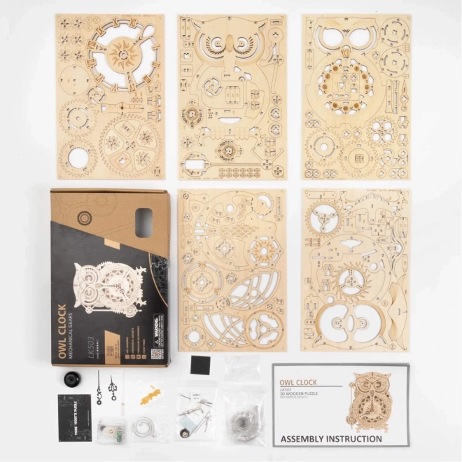 3D dřevěný mechanický puzzle Soví hodiny