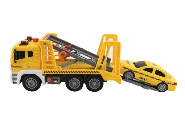 Auto kamion přepravník+1 auto plast na setrvačník na bat. se zvukem se světlem v krabici 36x21x14