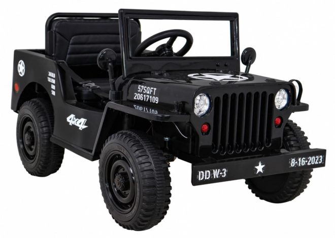 Retro vojenské auto pro děti černé + pohon 4x4 + dálkové ovládání + 2 nosiče zavazadel + pomalý start + MP3 LED