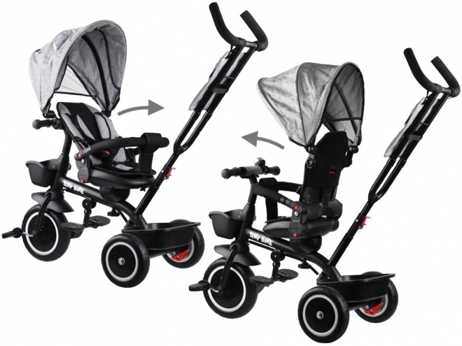 Dětská tříkolka Tiny Bike 3v1 s otočnou sedačkou a stříškou – Šedá
