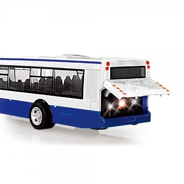 Modrý autobus hlásící zastávky česky 28 cm