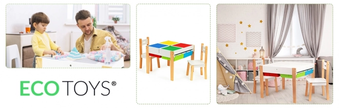 ECOTOYS Dětský dřevěný stůl s hrací deskou a dvěma židličkami