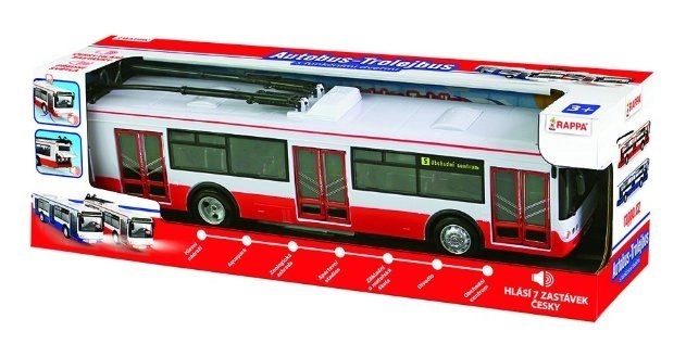 Modrý autobus hlásící zastávky česky 28 cm