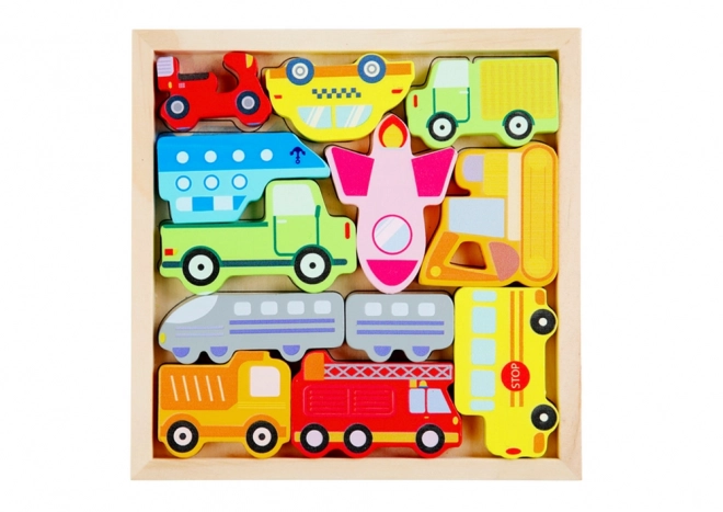 Dřevěné puzzle pro přiřazování dopravních prostředků Taxi Bus