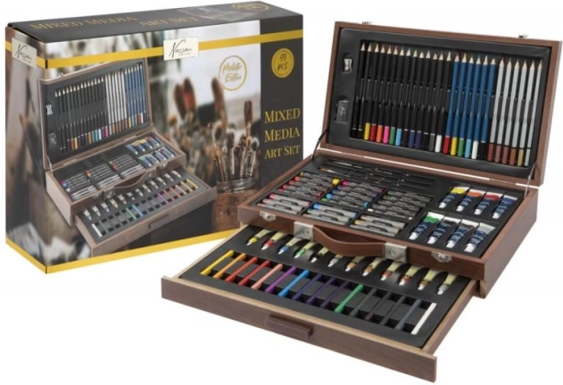 Velký dřevěný kreativní kufřík – sada 91 ks pro malování a kreslení