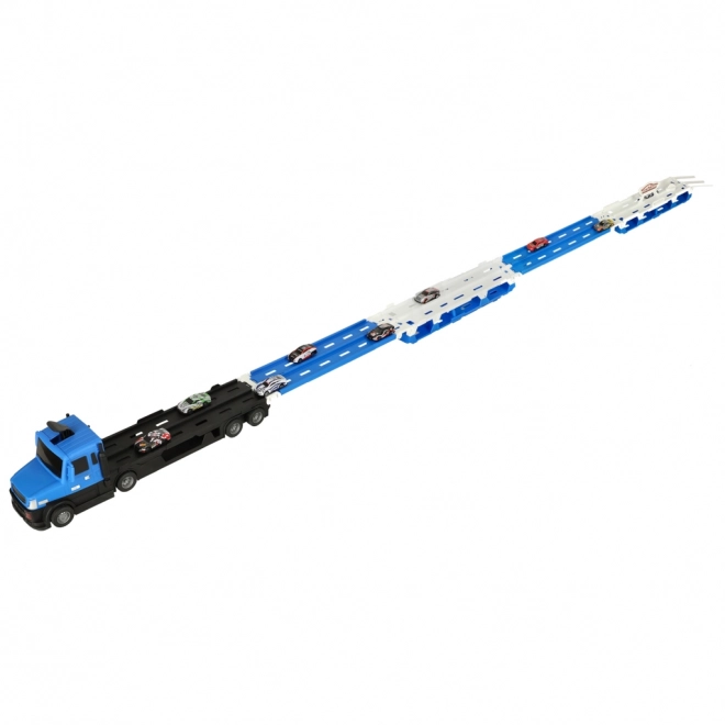 Laweta XXL s autodráhou a 10 autíčky - modrá