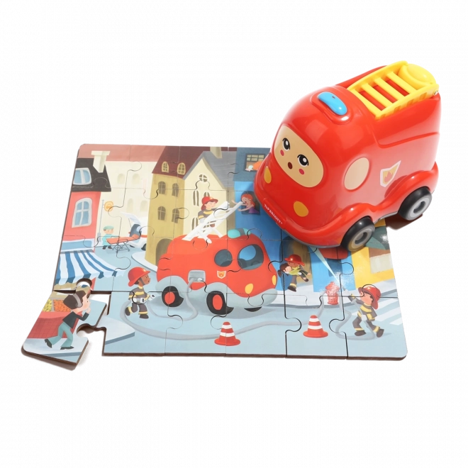 TOP BRIGHT Dřevěné puzzle s hračkou: Hasičské auto 24 dílků