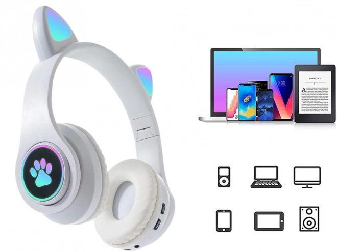 Bezdrátová sluchátka bluetooth rádio fm mp3 kočičí uši led podsvícení – Bílé
