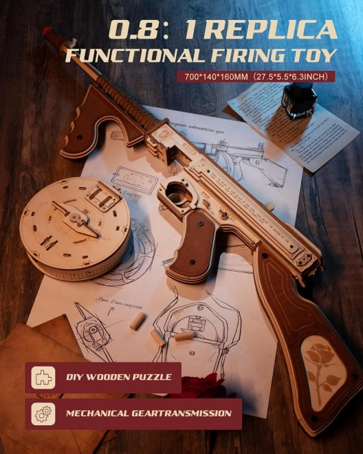 RoboTime 3D Dřevěné mechanické puzzle Samopal Thompson