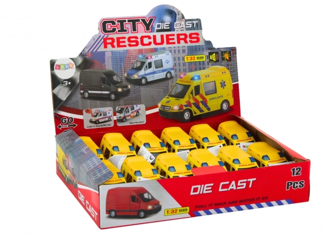 Ambulance model 1:32 s otevíracími dveřmi a světelnými a zvukovými efekty - žlutá