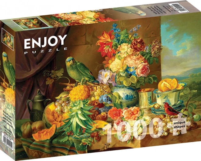 Puzzle Zátiší s květinami, ovocem a papouškem 1000 dílků
