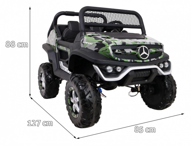 Mercedes Benz Unimog pro děti barva Moro + 4x4 + dálkové ovládání + nosič zavazadel + startování zdarma + rádio MP3 + LED dioda