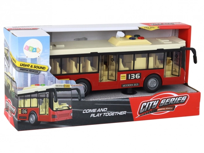 Červený městský autobus na baterie se světly a zvuky 1:16