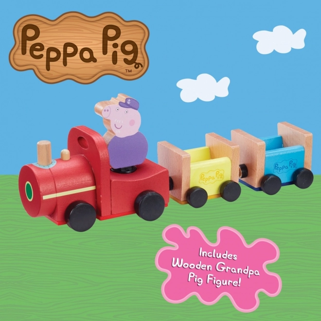 Dřevěný vlak Prasátko Peppa + figurka děda