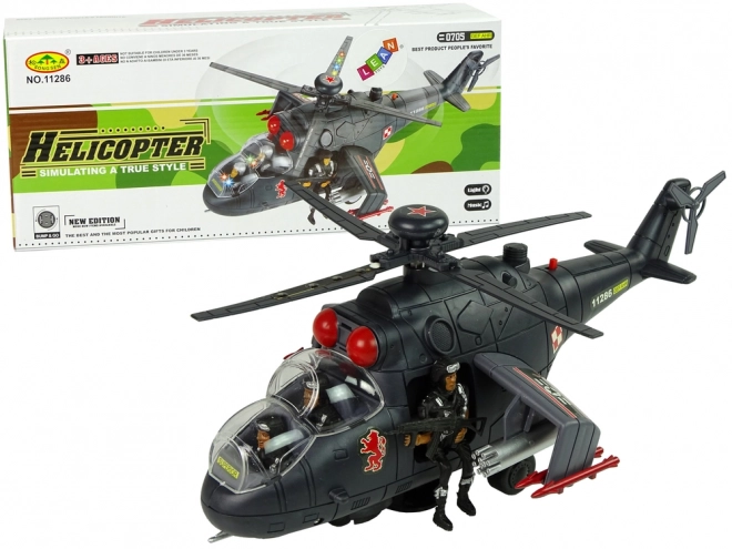 Helikoptéra s obrovskými křídly a světelnými efekty