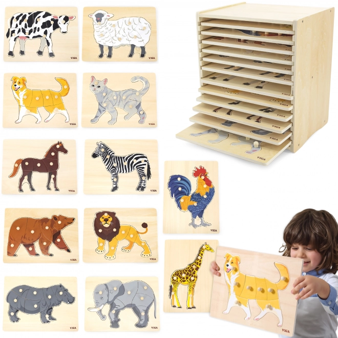 Sada dřevěných puzzlí 12 zvířátek Montessori se stojanem Viga