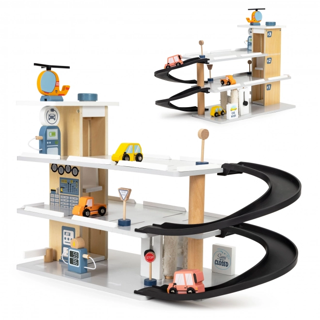 Dřevěná garáž s výtahem a autíčky ECOTOYS