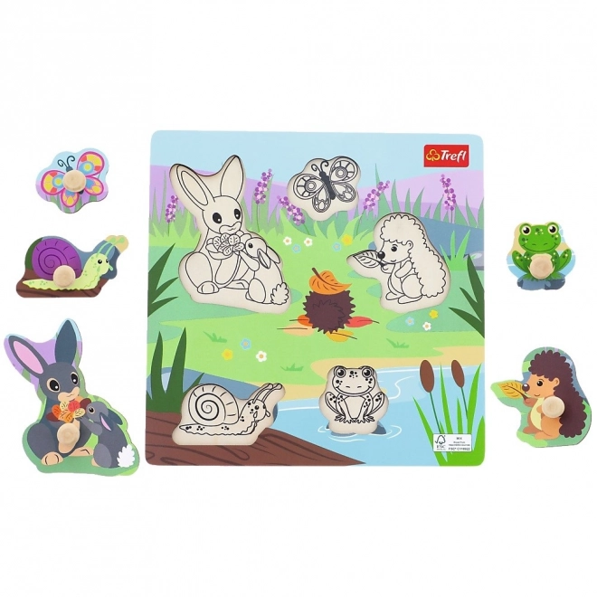 Dřevěné puzzle Zvířata na louce 5 dílků