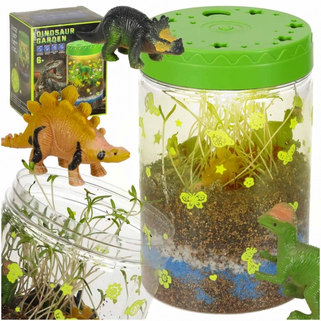 Terrárium na pěstování rostlin s LED lampou a dinosaury