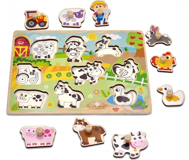 Dřevěné puzzle Farma Montessori s kolíčky od Woopie Green