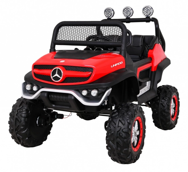 Mercedes Benz Unimog pro děti Červený + 4x4 + dálkové ovládání + nosič zavazadel + pomalý start + MP3 LED