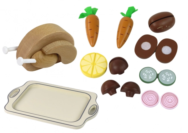 Dřevěný podnos Kuřecí zeleninový jídelní set 15 ele.