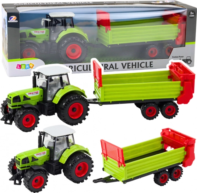 Traktor s přívěsem na setrvačník, otevírací kapota a dveře, zelený